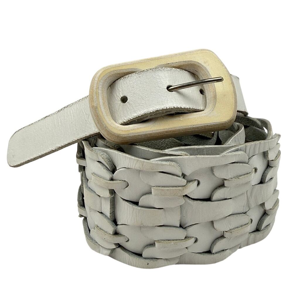 Nicole Farhi Woven Leather Belt White Wood Buckle Boho Made in Italy